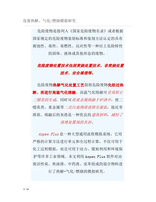 技术交流 - 危废热解、气化-燃烧模拟研究