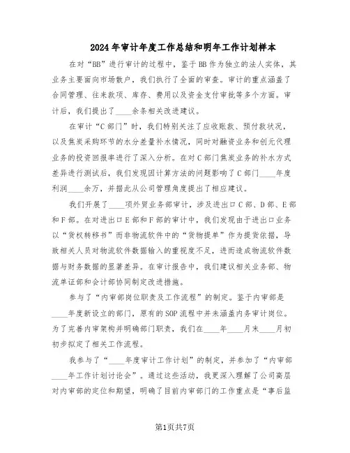 2024年审计年度工作总结和明年工作计划样本（3篇）