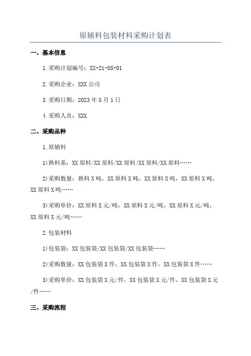原辅料包装材料采购计划表