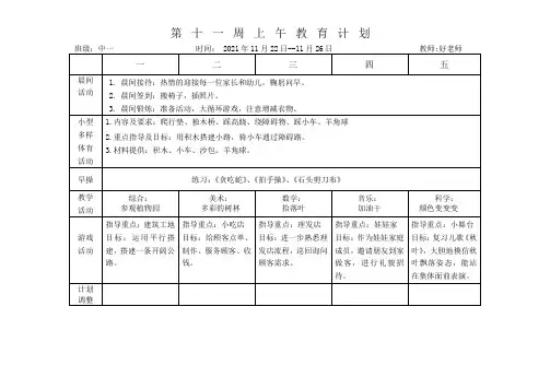 中班上学期 上下午计划 第十一周