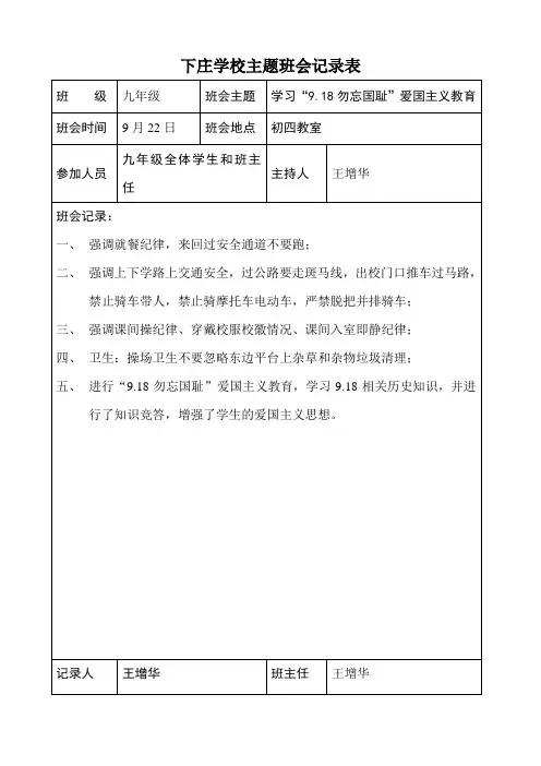 9年级14-15学年上学期第5周关于9.18勿忘国耻主题班会