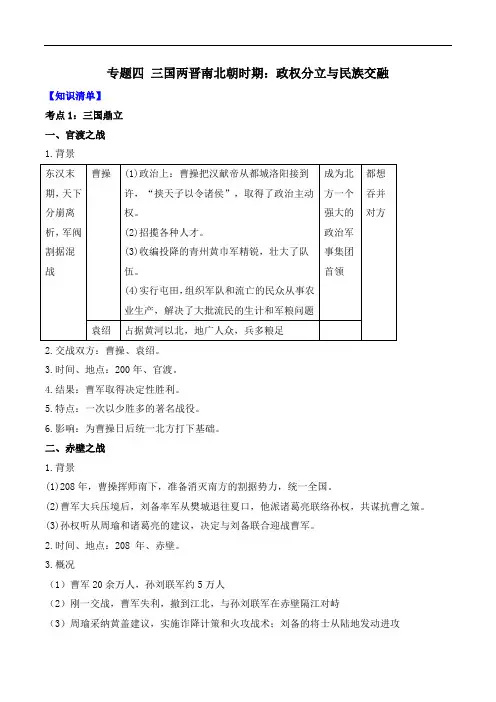 2025届中考历史一轮复习备考知识清单：专题四 三国两晋南北朝时期：政权分立与民族交融(2024版)