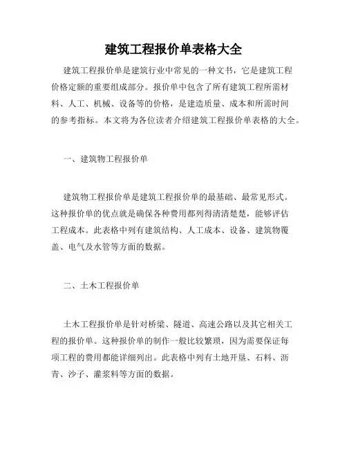 建筑工程报价单表格大全