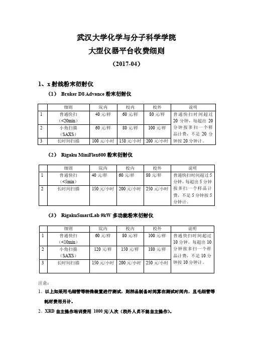 武汉大学化学与分子科学学院大型仪器平台收费细则