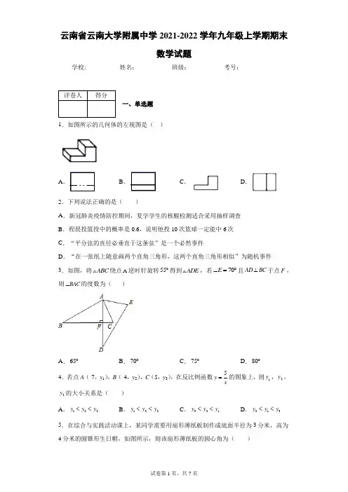 云南省云南大学附属中学2021-2022学年九年级上学期期末数学试题