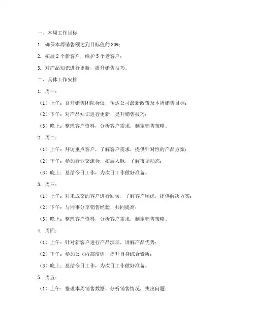 医药行业销售每周工作计划