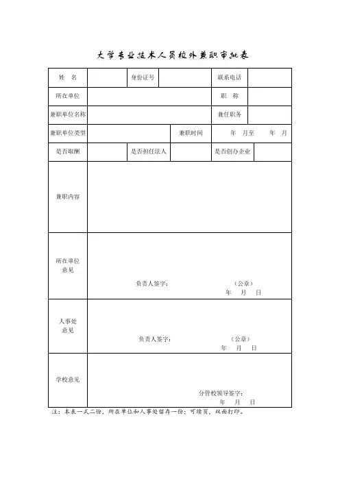 大学专业技术人员校外兼职审批表