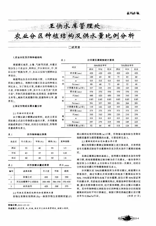 王快水库管理处农业分区种植结构及供水量比例分析
