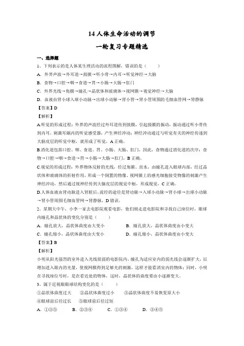 专题14 人体生命活动的调节中考生物(解析版)