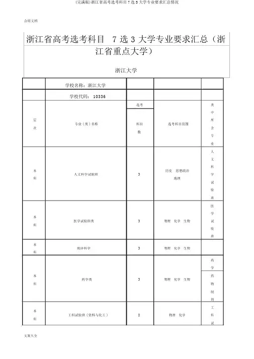 (完整版)浙江省高考选考科目7选3大学专业要求汇总情况