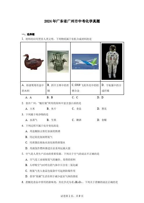 2024年广东省广州市中考化学真题