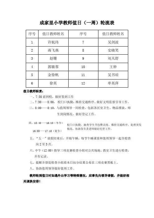 成家里小学教师值日轮流表