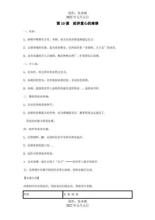 七年级历史下册第二单元第10课经济重心的南移知识点总结与检测试题