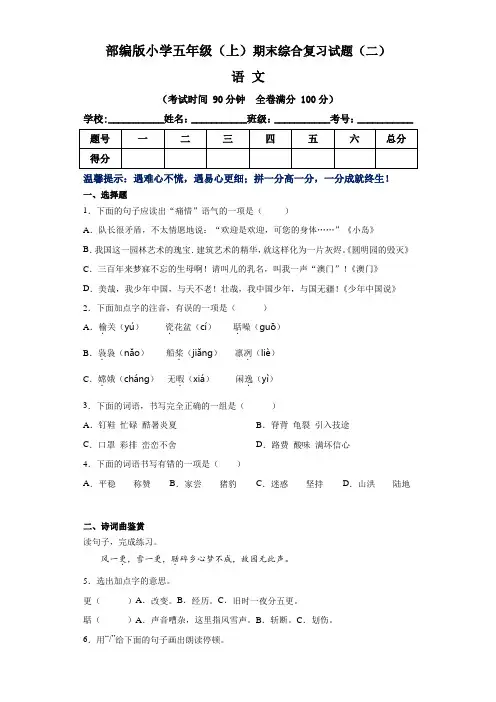 部编版小学五年级语文(上)期末综合复习试题(二)(含答案)