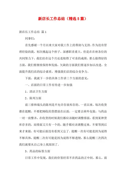 新店长工作总结(精选5篇)