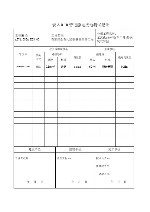 氢气管线A10管道静电接地记录