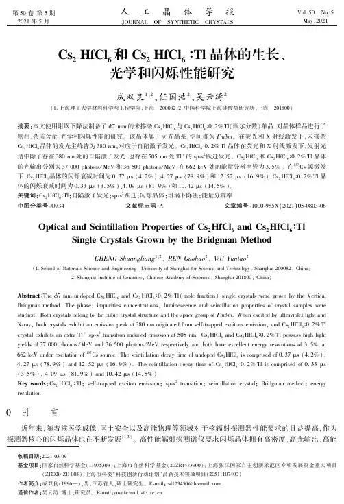Cs_(2)HfCl_(6)和Cs_(2)HfCl_(6)∶Tl晶体的生长、光学和闪烁性能研究