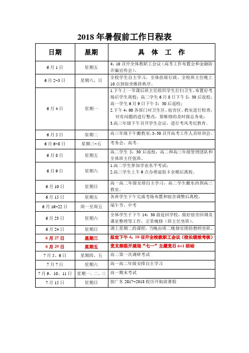 2018年暑假前学校工作日程表