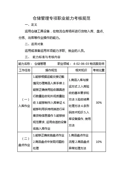 仓储管理专项职业能力考核规范