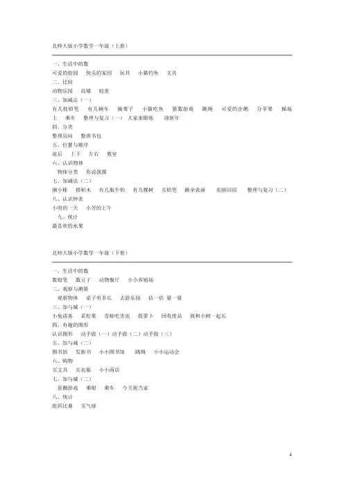 最新版北师大版小学数学教材目录__详细版