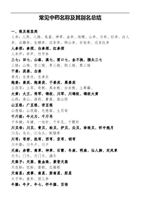 常见中药名称及其别名总结
