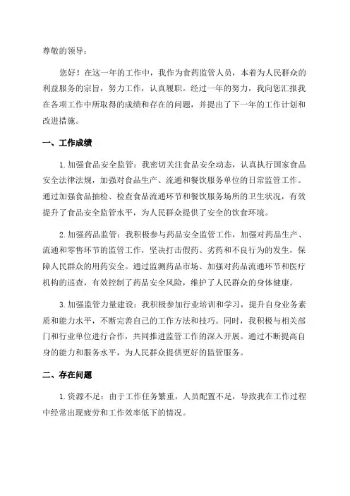 食药监管人员年终述职报告