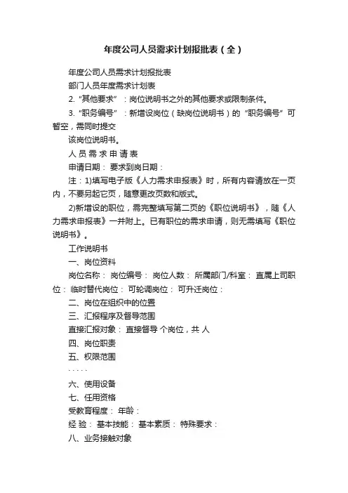 年度公司人员需求计划报批表（全）