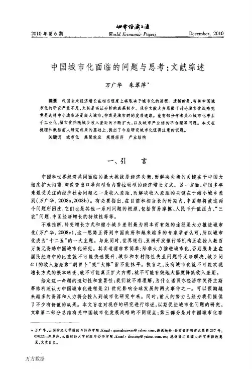 中国城市化面临的问题与思考文献综述