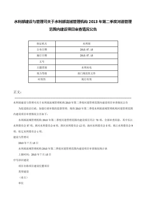 水利部建设与管理司关于水利部流域管理机构2013年第二季度河道管理范围内建设项目审查情况公告-