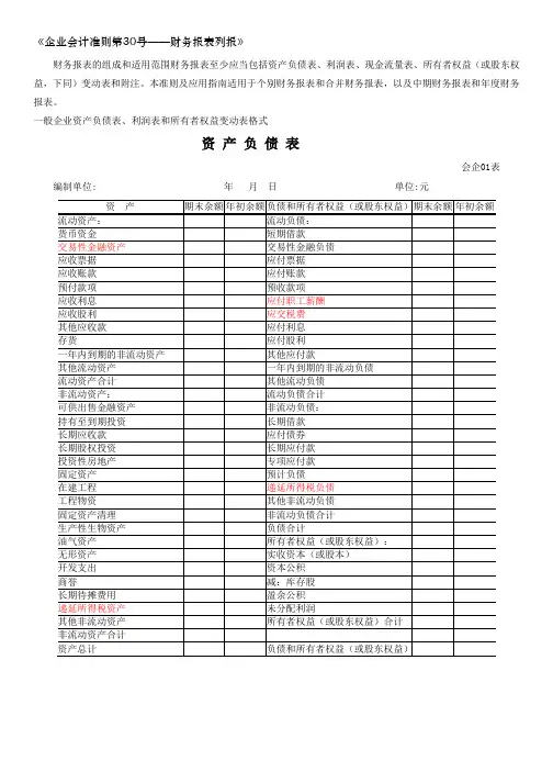 财务报表标准格式-完整版
