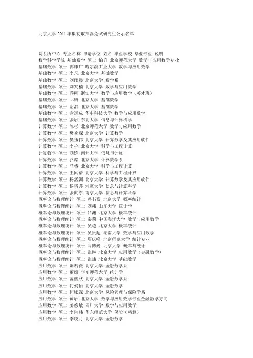 北京大学2011年拟初取推荐免试研究生公示名单
