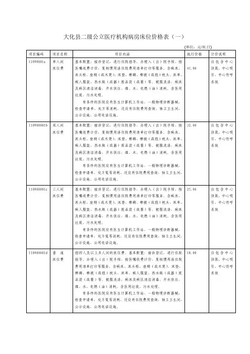 大化县二级公立医疗机构病房床位价格表(一)