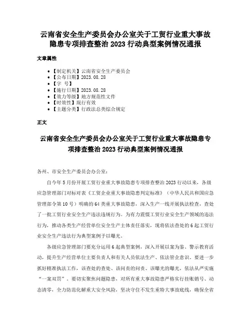 云南省安全生产委员会办公室关于工贸行业重大事故隐患专项排查整治2023行动典型案例情况通报