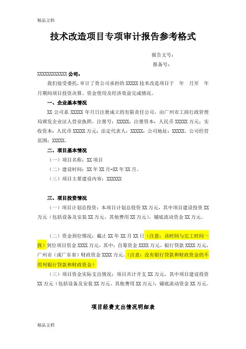 技术改造项目专项审计报告参考格式(汇编)
