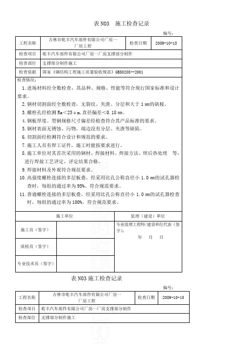 施工检查记录(吊车梁安装)2010.12.26