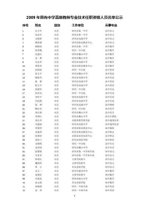 2009年具有中学高级教师专业技术任职资格人员名单公示