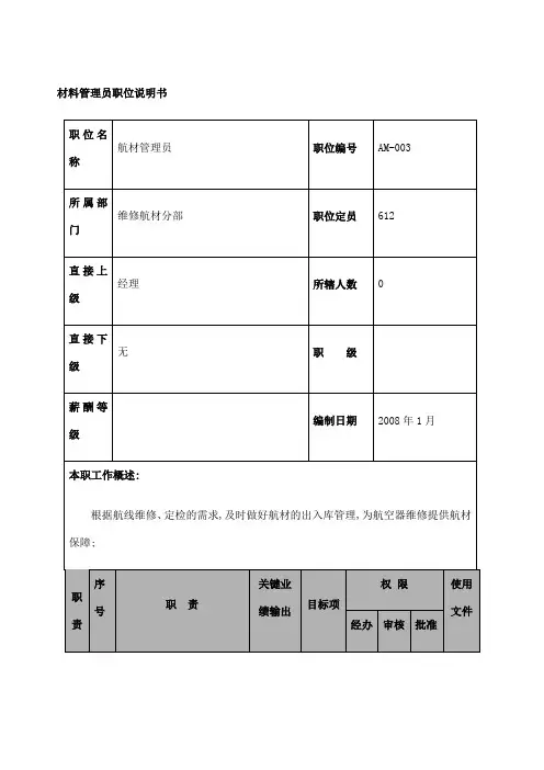 航空物流公司材料管理员职位说明书及关键绩效标准