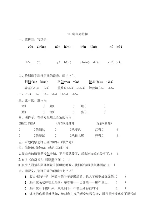 人教部编版四年级语文上册一课一练10爬山虎的脚(基础+提高+答案)