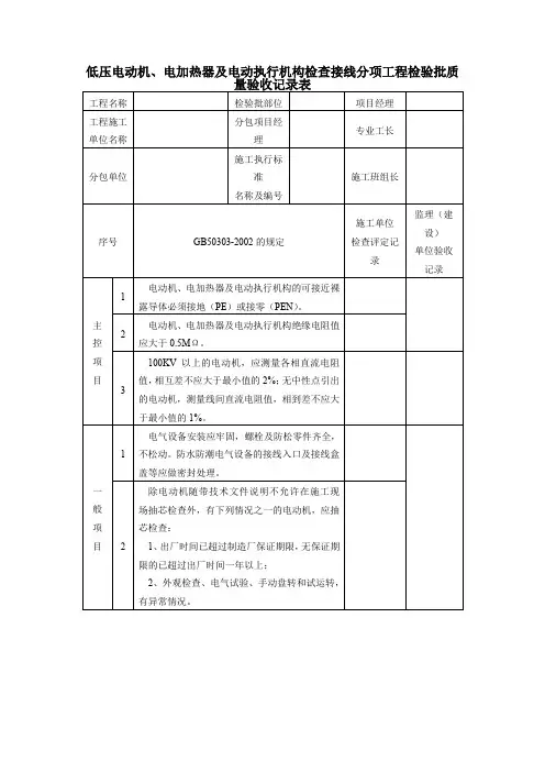 低压电动机、电加热器及电动执行机构检查接线分项工程检验批质量验收记录表