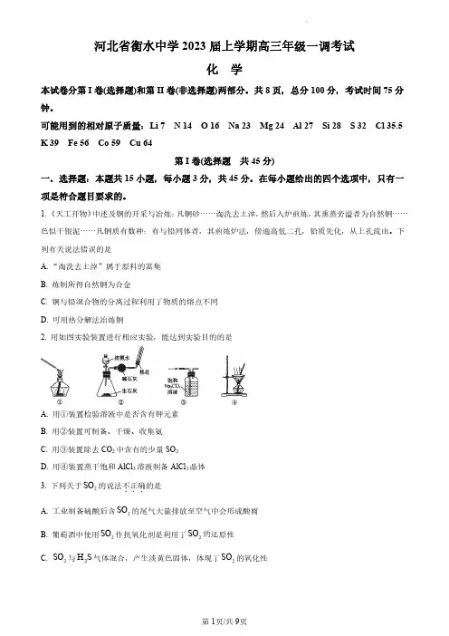 2023届河北省衡水中学高三上学期一调考试化学试题及答案
