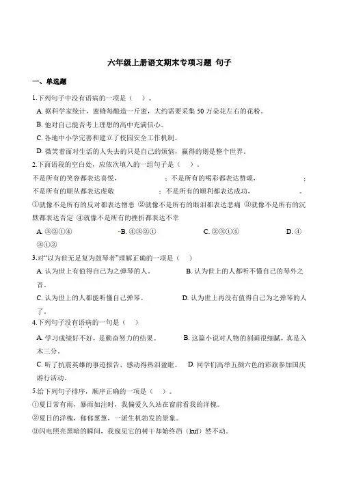 六年级上册语文试题-专项习题：句子 人教(部编版)(含解析)