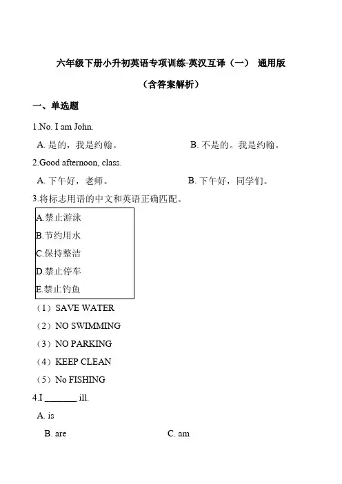 六年级下册英语试题-小升初专项训练之英汉互译（一）  （含答案解析）  通用版