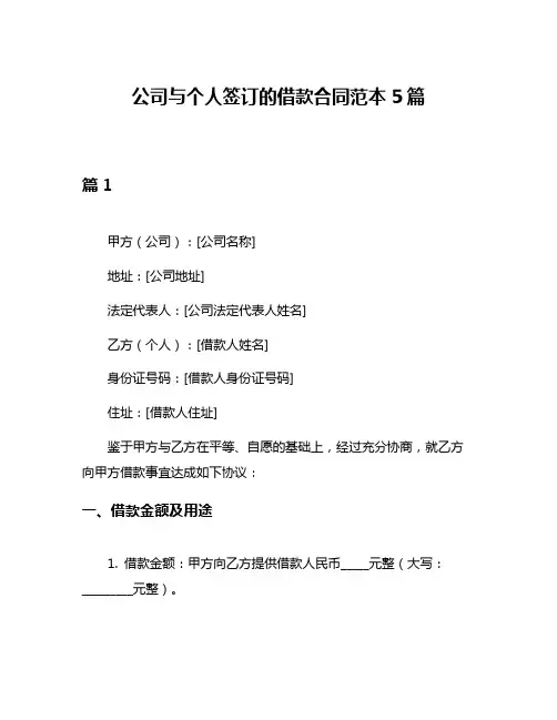 公司与个人签订的借款合同范本5篇