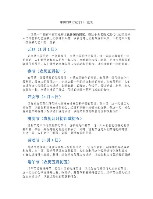 中国的所有纪念日一览表