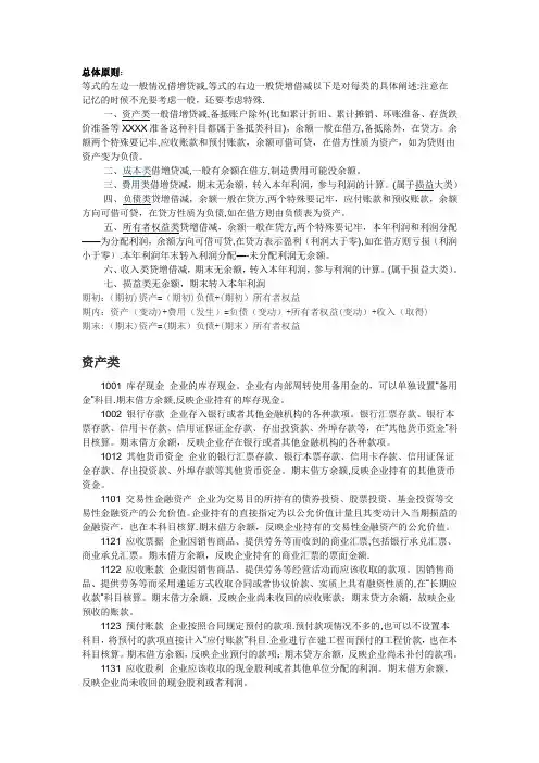 最新版会计科目明细表及借贷方向使用说明