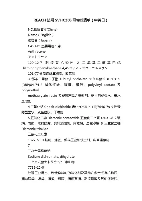 REACH法规SVHC205项物质清单（中英日）