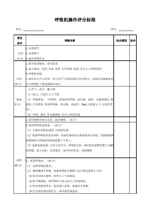 呼吸机操作流程及评分标准