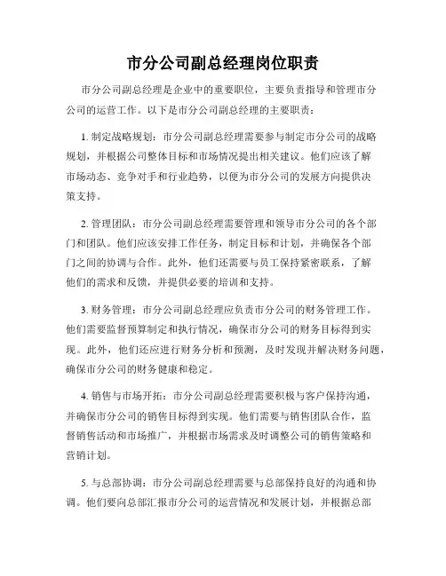 市分公司副总经理岗位职责
