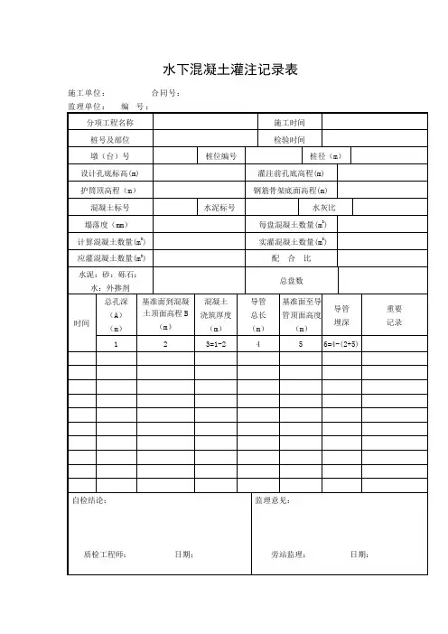 水下混凝土灌注记录表