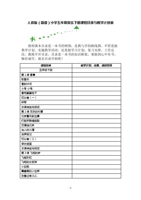 人音版(简谱)小学五年级音乐下册课程目录与教学计划表
